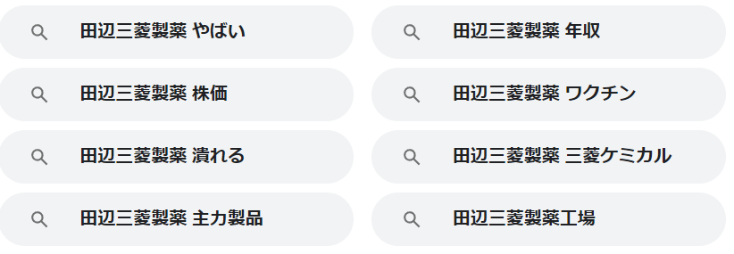 「田辺三菱製薬」とGoogleで検索すると表示されるキーワード