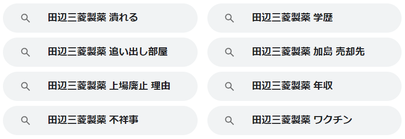 「田辺三菱製薬」とGoogleで検索すると表示されるキーワード