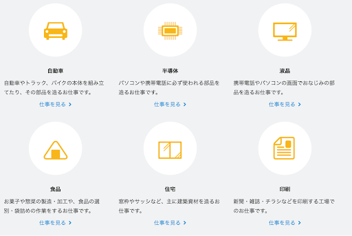 工場求人ナビで紹介している仕事の種類