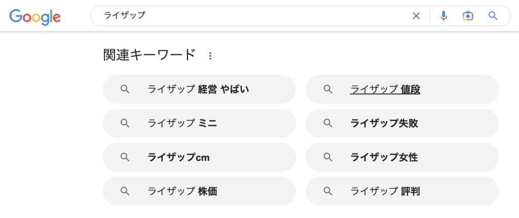 ライザップをGoogle検索すると表示されるキーワード